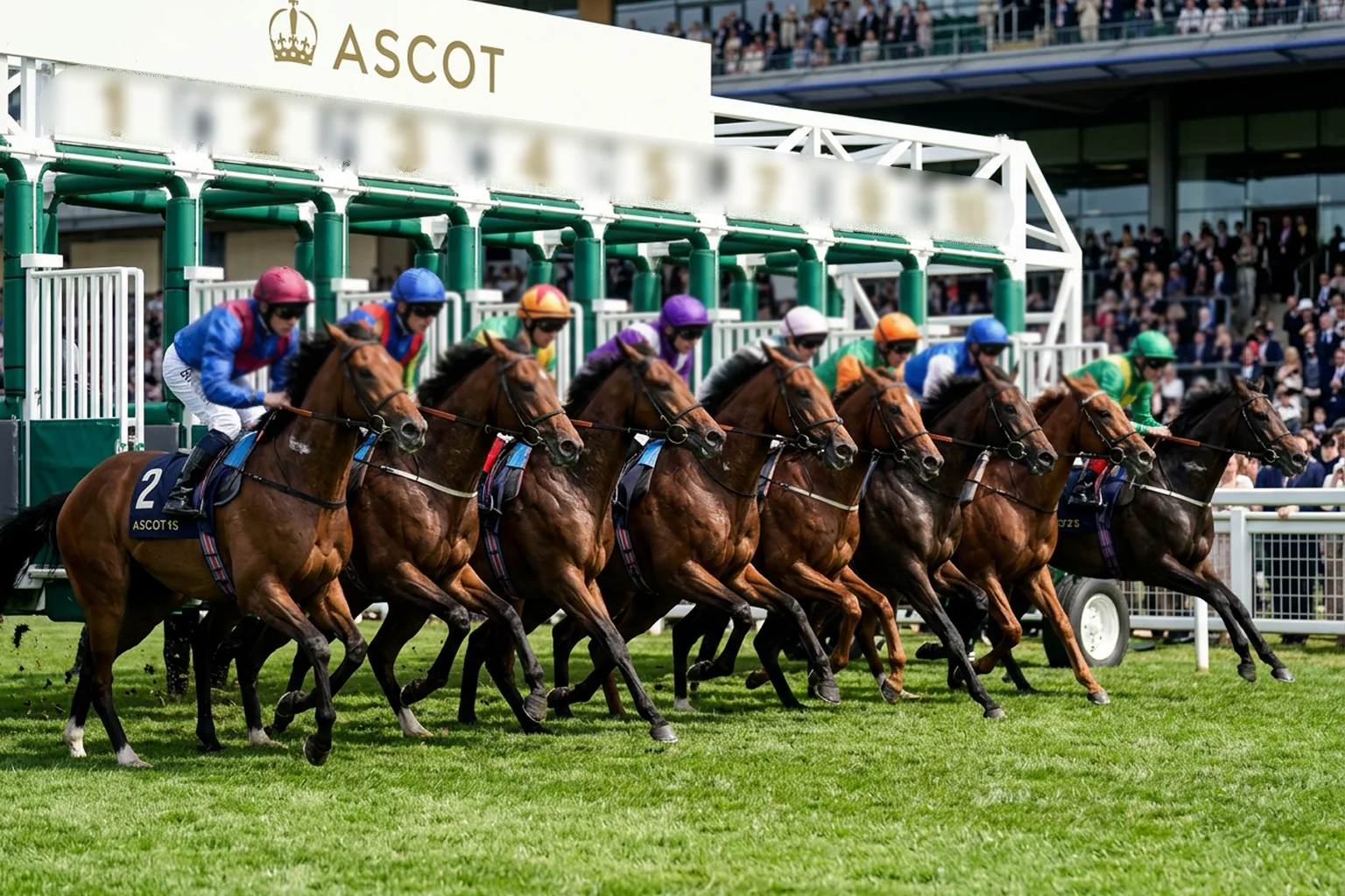 Horses breaking from starting stalls at Ascot six furlong sprint showing low draw advantage on stands side