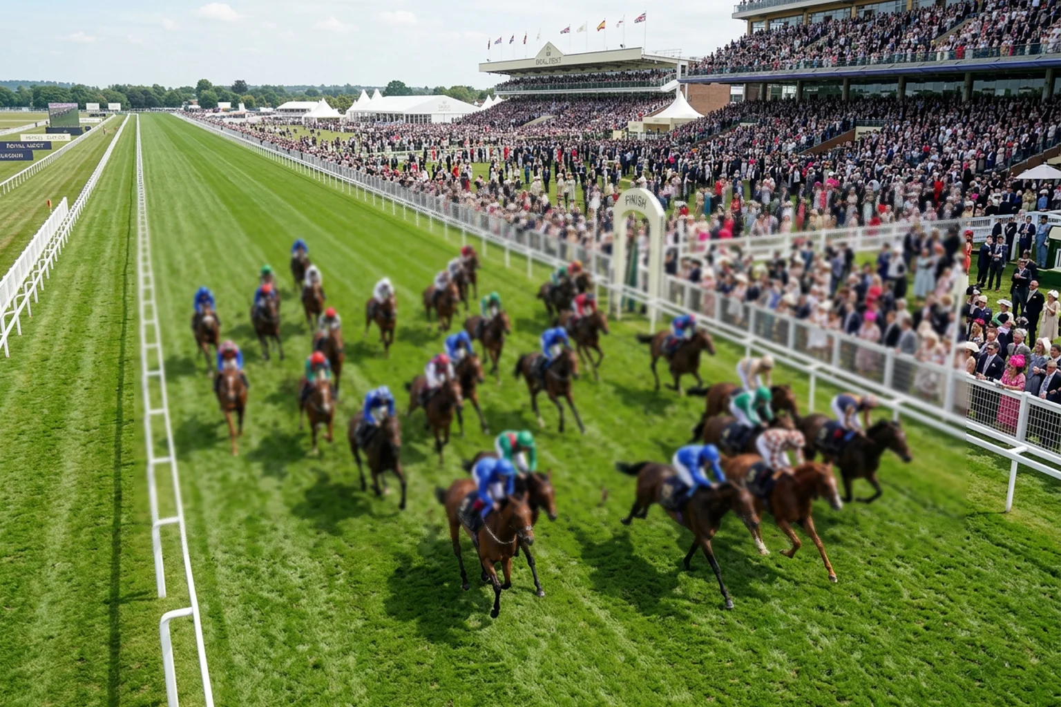 Large field handicap race at Royal Ascot with horses spread across the track approaching the finish