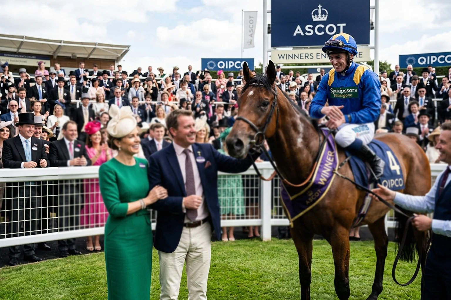 Jockey and trainer celebrating in the Ascot winners enclosure after a race victory