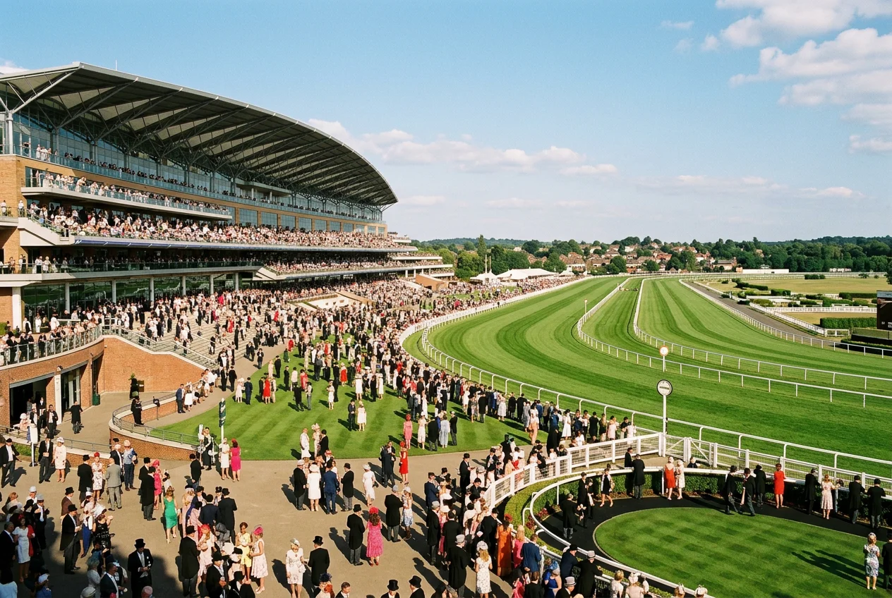 Ascot racecourse grandstand and turf track on a sunny race day with crowds in attendance