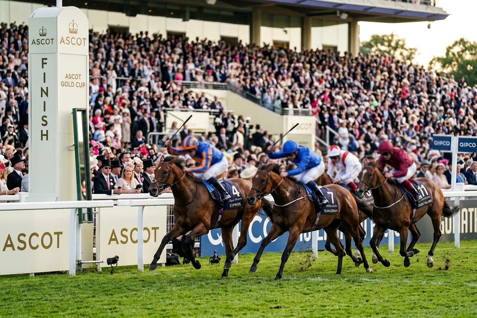 Horses racing towards the finish line in the Royal Ascot Gold Cup with packed grandstands