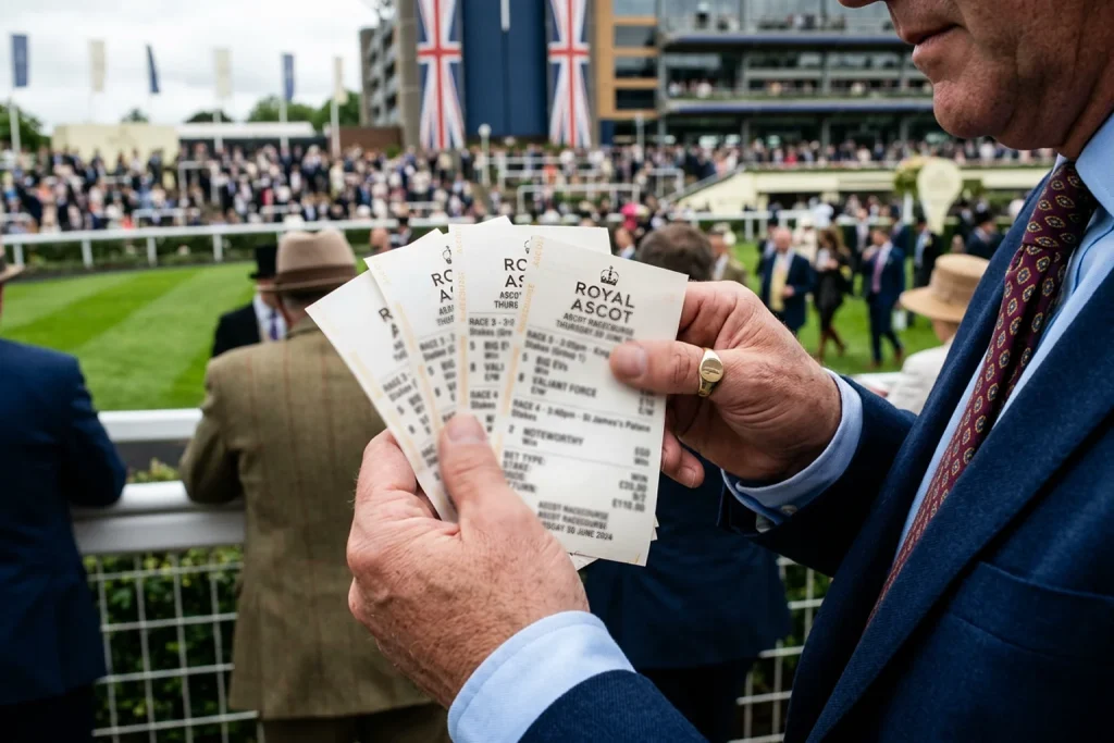 Racegoer holding betting slips at Ascot Racecourse