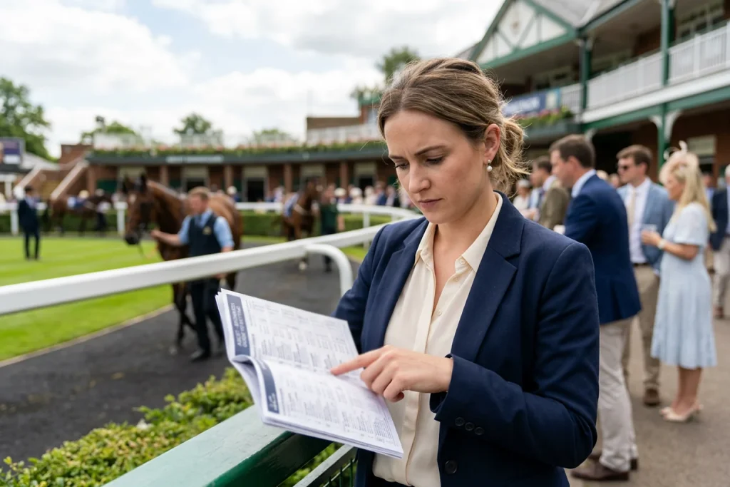 First-time racegoer studying a racecard at Ascot