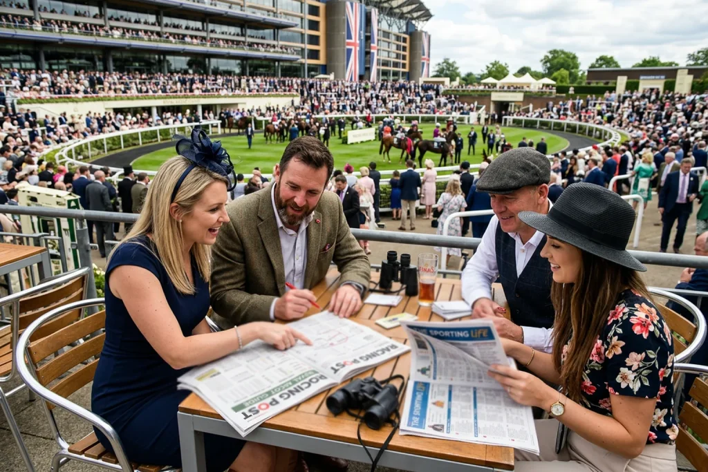 Racegoers consulting a form guide at Ascot Racecourse