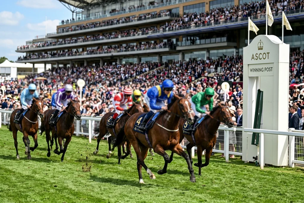 Ascot racecourse finish line with horses approaching the winning post