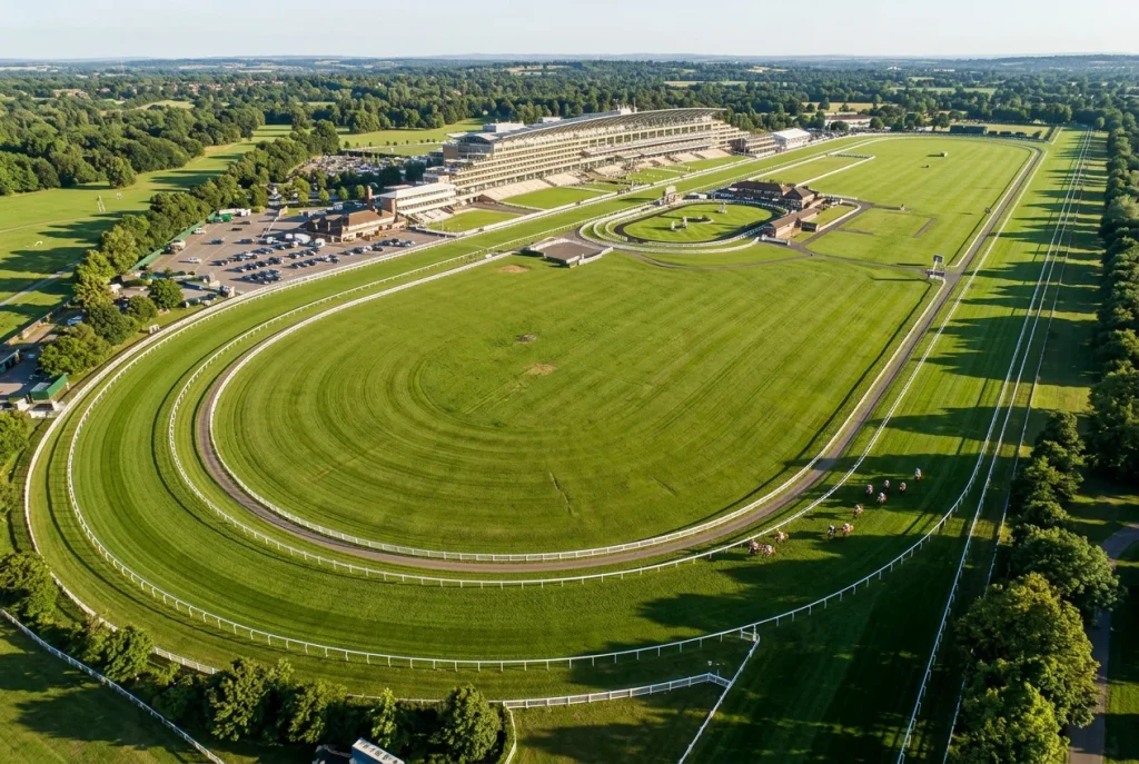 Ascot Racecourse aerial view showing the straight and round courses