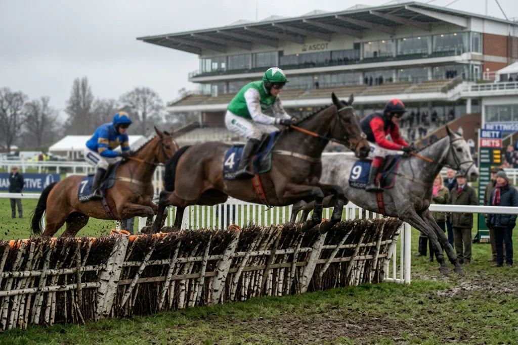 Horses jumping a fence in the Clarence House Chase at Ascot