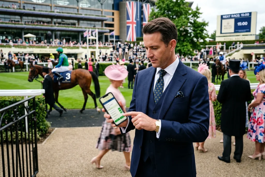 Racegoer using a smartphone to place a bet at Ascot Racecourse