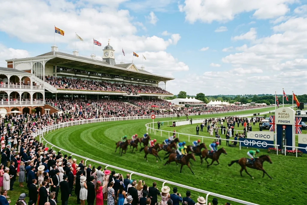 Royal Ascot crowded grandstands with horses racing on the track